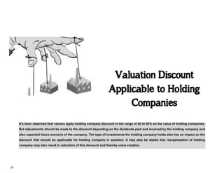 24
It’s been observed that valuers apply holding company discount in the range of 40 to 60% on the value of holding companies.
But adjustments should be made to the discount depending on the dividends paid and received by the holding company and
also expected future scenario of the company. The type of investments the holding company holds also has an impact on the
discount that should be applicable for holding company in question. It may also be stated that reorganization of holding
company may also result in reduction of this discount and thereby value creation.
Valuation Discount
Applicable to Holding
Companies
 
