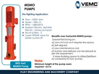 28
MSMO
PUMPS
RKB Vert.
MSMO Pump
Fire Fighting Application:
❖ Flow – 5500+ lpm
❖ Head – 350+ m
❖ RPM – 1480/2975
❖ Hydrant Electric, Sprinkler
Electric, Jockey pumpset
❖ No of outlets - 5
❖ Lower NPSHR value for
better suction lift
Benefits over horizontal MSMO pumps -
Substantial Saving on :
a) Low civil cost as it requires less space.
b) Self aligned.
c) Low maintenance cost.
e) Suction and delivery can be placed as
per site requirement.
f) More Building space to Utilize/Sell/Rent
as compared to horz. pumps.
Note:
Minimum height of the pump room
required : 4.5 m
VIJAY ENGINEERING AND MACHINERY COMPANY
 