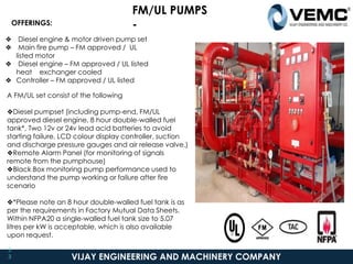 VIJAY ENGINEERING AND MACHINERY COMPANY
OFFERINGS:
❖ Diesel engine & motor driven pump set
❖ Main fire pump – FM approved / UL
listed motor
❖ Diesel engine – FM approved / UL listed
heat exchanger cooled
❖ Controller – FM approved / UL listed
FM/UL PUMPS
-
3
3
A FM/UL set consist of the following
❖Diesel pumpset (including pump-end, FM/UL
approved diesel engine, 8 hour double-walled fuel
tank*, Two 12v or 24v lead acid batteries to avoid
starting failure, LCD colour display controller, suction
and discharge pressure gauges and air release valve.)
❖Remote Alarm Panel (for monitoring of signals
remote from the pumphouse)
❖Black Box monitoring pump performance used to
understand the pump working or failure after fire
scenario
❖*Please note an 8 hour double-walled fuel tank is as
per the requirements in Factory Mutual Data Sheets.
Within NFPA20 a single-walled fuel tank size to 5.07
litres per kW is acceptable, which is also available
upon request.
 