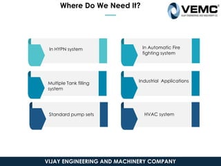 Where Do We Need It?
In HYPN system
Multiple Tank filling
system
Standard pump sets
In Automatic Fire
fighting system
Industrial Applications
HVAC system
VIJAY ENGINEERING AND MACHINERY COMPANY
 