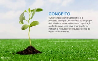 CONCEITO
“Empreendedorismo Corporativo é o
processo pelo qual um indivíduo ou um grupo
de indivíduos, associados a uma organização
existente, criam uma nova organização ou
instigam a renovação ou inovação dentro da
organização existente.”
fonte: Inventta & Inseed: Estudo Corporate Venture Capital, 2014
 