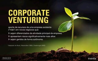 CORPORATE
VENTURING
aporte de recursos de uma empresa existente
(“mãe”) em novos negócios que:
*adaptado de Block; Mackmillan (1993), Chesbrough (2002)
sejam diferenciados da atividade principal da empresa;

apresentem riscos signiﬁcativamente mais altos

sejam geridos de forma autônoma.
 