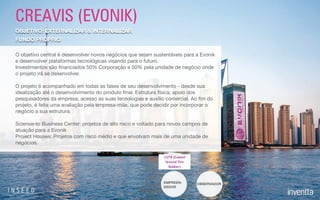 CREAVIS (EVONIK)
O objetivo central é desenvolver novos negócios que sejam sustentáveis para a Evonik
e desenvolver plataformas tecnológicas visando para o futuro. 

Investimentos são ﬁnanciados 50% Corporação e 50% pela unidade de negócio onde
o projeto irá se desenvolver. 

O projeto é acompanhado em todas as fases de seu desenvolvimento - desde sua
idealização até o desenvolvimento do produto ﬁnal. Estrutura física, apoio dos
pesquisadores da empresa, acesso as suas tecnologias e auxílio comercial. Ao ﬁm do
projeto, é feita uma avaliação pela empresa-mãe, que pode decidir por incorporar o
negócio a sua estrutura.

Science-to Business Center: projetos de alto risco e voltado para novos campos de
atuação para a Evonik

Project Houses: Projetos com risco médio e que envolvam mais de uma unidade de
negócios.

EMPREEN-
DEDOR
OBSERVADOR
FUNDO PRÓPRIO
OBJETIVO: EXTERNALIZAR & INTERNALIZAR
CGTR (Coated
Ground Tire
Rubber)
 