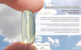 A missão do fundo é investir em conceitos inovadores ligados às
ciências da vida para benefícios dos pacientes, criando retornos
atrativos para empreendedores e investidores.

Não encontrado, mas provavelmente apenas o aporte ﬁnanceiro
e o auxílio de pessoas especializadas na área técnica.

Equipe do fundo juntamente com membros externos. Avaliação
através de materiais de suporte, como sumário executivo, plano
de negócios e memorial do investimento.
NOVARTIS VENTURE FUNDS
REVENDEDORINOVADOR
FUNDO PRÓPRIO
OBJETIVO: INTERNALIZAR
 