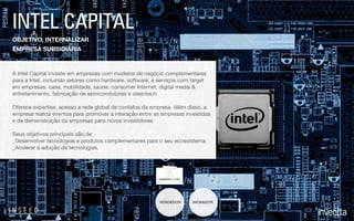 VENDEDOR INOVADOR
INTEL CAPITAL
A Intel Capital investe em empresas com modelos de negócio complementares
para a Intel, incluindo setores como hardware, software, e serviços com target
em empresas, casa, mobilidade, saúde, consumer Internet, digital media &
entretenimento, fabricação de semicondutores e cleantech.

Oferece expertise, acesso a rede global de contatos da empresa. Além disso, a
empresa realiza eventos para promover a interação entre as empresas investidas
e de demonstração da empresas para novos investidores

Seus objetivos principais são de:

_Desenvolver tecnologias e produtos complementares para o seu ecossistema;

_Acelerar a adoção de tecnologias.

EMPRESA SUBSIDIÁRIA
OBJETIVO: INTERNALIZAR
 