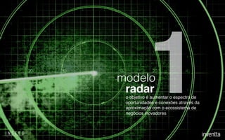 modelo
radar
o objetivo é aumentar o espectro de
oportunidades e conexões através da
aproximação com o ecossistema de
negócios inovadores
1
 