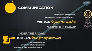 COMMUNICATION
YOU CAN Signal the market
‘ABOVE THE RADAR’
PARTNERING WITH EXISTING STARTUP NETWORKS
SETTING UP PUSH PLATFORMS (SITE, SOCIAL,…)
ACTIVELY EVANGELIZING ON EVENTS
YOU CAN Scout for opportunities
‘UNDER THE RADAR’
BUYING FROM STARTUPS
GOING TO TECH/STARTUP CONFERENCES
FOLLOWING RELEVANT TECH/STARTUP SOURCES
 