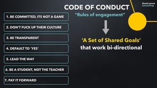 CODE OF CONDUCT
1. BE COMMITTED, ITS NOT A GAME
2. DON’T FUCK UP THEIR CULTURE
3. BE TRANSPARENT
4. DEFAULT TO ‘YES’
5. LEAD THE WAY
6. BE A STUDENT, NOT THE TEACHER
7. PAY IT FORWARD
“Rules of engagement”
‘A Set of Shared Goals’  
that work bi-directional
 