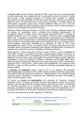 © 2014 Inventta – Todos os direitos reservados.
O terceiro ciclo, ocorrido durante a década de 1990, surgiu mais uma vez acompanhado
do forte crescimento dos investimentos de VC associado ao boom da internet. Durante
este período, muitas empresas entraram de maneira bem sucedida no negócio,
diversificando as suas atividades de P&D para outros caminhos, tornando-se importantes
players do setor. Tal movimento levou a busca externa de ideias e inovações através de
joint-ventures, aquisições e laços com o mundo acadêmico. Mais uma vez, a crise nos
mercados de capitais em 2000, associado à bolha de internet, levaram muitas empresas a
reduzir as suas atividades de Corporate Venturing.
Segundo a Global Corporate Venturing, em 2006 o CVC começou a reaparecer depois de
um período de recuperação onde a atividade tinha encolhido drasticamente. Os
investidores voltaram a investir, tendo como resultado importantes IPO’s e a criação de
grandes empresas como, por exemplo, o Facebook. Formou-se assim o quarto ciclo.
Neste ciclo, a inovação foi reconhecida pelas grandes organizações como fundamental
para o sucesso futuro, impulsionando o crescimento de programas de Corporate Venturing.
Uma vez mais o ciclo foi interrompido pela crise de 2008, que teve como principal razão a
bolha imobiliária. Novamente, reduziram-se as atividades do setor de VC e suas
possibilidades de saída via IPOs. Ao mesmo tempo, as grandes empresas viram seus
resultados serem severamente impactados pela situação macroeconômica, forçando-as a
reajustar seus orçamentos e reduzir a atividade de Corporate Venturing.
Ainda segundo a Global Corporate Venturing, a partir de 2010, o uso de estratégias de
CVC voltou a crescer, o que pode ser um indício, segundo alguns autores, do início de um
quinto ciclo. De 2009 a 2011 os investimentos em CVC aumentaram 64%, o que pode ser
explicado, de certa maneira, pela recuperação da economia em alguns países e pelo forte
crescimento no setor de Cleantech e Software. Empresas como Google, BMW, GM e
Nvidia são alguns exemplos de empresas que criaram programas de CVC recentemente.
Segundo Ersnt & Young (2011), foram criados aproximadamente 120 programas entre
2010-2011, sendo um terço nos EUA e um terço em mercados emergentes (restantes na
Europa e Japão).
A obtenção de estatísticas sobre o setor de VC e, em especial, das atividades
desenvolvidas pelas empresas de CVC é difícil e ainda incipiente. Entretanto organizações
como NVCA, PWC (em parceria com Thomsom – Relatório Money Tree), Global Corporate
Venturing (GCV), consultorias e acadêmicos têm trabalhado para gerar informações e
dados comparáveis para o setor.
Em termos de número de organizações com estruturas de Corporate Venturing
existentes, a GCV considera que existem cerca de 750 empresas, usando como critério
qualquer empresa que desenvolva qualquer esforço corporativo de apoio e investimento
em empresas nascentes. Já a consultoria CB Insights considera um grupo de 220
empresas, considerando somente aquelas que possuem estruturas independentes de VC.
Em termos de tamanho, os CVCs são um fenômeno concentrado em empresas grandes.
Os CVCs mais influentes do mundo, segundo EY (2009) são:
Tabela 1: Programas de Corporate Venture Capital mais influentes no mundo
CVC Rounds de
Investimento
Regiões de atuação
Intel Capital 85 EUA, Europa, China, Israel
 