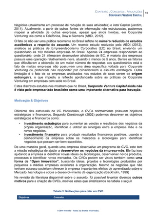 CONTEXTO . CONCEITOS . APLICAÇÕES
CORPORATE VENTURE CAPITAL
19
© 2014 Inventta – Todos os direitos reservados.
Negócios (atualmente em processo de redução de suas atividades) e Intel Capital (Jardim,
2011). Atualmente, a partir de outras fontes de informação não estruturadas, pudermos
mapear a atividade de outras empresas, apesar que ainda tímidas, em Corporate
Venturing tais como a Telefónica, Dow e Siemens (ABDI, 2012).
O fato de não ser uma prática recorrente no Brasil reflete no número reduzido de estudos
acadêmicos a respeito do assunto. Um recente estudo realizado pela ABDI (2012),
analisou as práticas de Empreendedorismo Corporativo (EC) no Brasil, enviando um
questionário as 100 maiores empresas do Brasil. Apenas 24 empresas responderam ao
questionário, onde 21 afirmaram desenvolver atividades de EC. A maioria das empresas
possuía uma operação relativamente nova, atuando a menos de 5 anos. Dentre os fatores
que dificultaram a obtenção de um maior número de respostas aos questionários está o
fato de muitas empresas não possuírem uma área específica voltada para Corporate
Venturing ou preferirem não responder por considerarem o assunto estratégico. Outra
limitação é o fato de as empresas analisadas nos estudos de caso serem de origem
estrangeira, o que impediu a reflexão aprofundada sobre as práticas de Corporate
Venturing em empresas com sede no Brasil.
Estes discretos estudos nos mostram que no Brasil, Corporate Venture Capital ainda não
é visto pelo empresariado brasileiro como uma importante alternativa para inovação.
Motivação & Objetivos
Diferente das estruturas de VC tradicionais, o CVCs normalmente possuem objetivos
estratégicos e financeiros. Segundo Chesbrough (2002) podemos descrever os objetivos
estratégicos e financeiros como:
• Investimento estratégico para aumentar as vendas e resultados dos negócios da
própria organização, identificar e utilizar as sinergias entre a empresa mãe e os
novos negócios.
• Investimento financeiro para produzir resultados financeiros positivos, usando o
conhecimento da empresa sobre os mercados e tecnologias para identificar
negócios que possam ser bem-sucedidos.
De uma maneira geral, quando uma empresa desenvolve um programa de CVC, este tem
a missão estratégica de ajudar a desenvolver os negócios da empresa-mãe. Ele faz isso
ajudando a empresa a identificar novas ideias ou tecnologias, desenvolver novos produtos,
processos e identificar novos mercados. Os CVCs podem ser vistos também como uma
forma de “Open Innovation”, buscando ideias, projetos e tecnologias produzidas por
pequenas e médias empresas exteriores à organização. Mesmo os negócios que não
tenham sucesso poderiam oferecer à empresa importantes efeitos de aprendizado sobre o
Mercado, tecnologia e sobre o desenvolvimento da organização (Backholm, 1999)
Na revisão da literatura disponível sobre o assunto, foi possível levantar diversos outros
motivos para a criação de CVCs, motivos estes que sintetizamos na tabela a seguir
Tabela 3: Motivações para criar um CVC
Objetivos Conceito
 