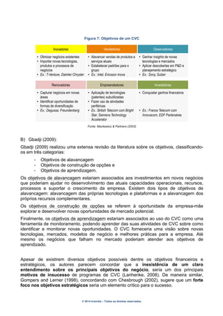 © 2014 Inventta – Todos os direitos reservados.
Figura 7: Objetivos de um CVC
Fonte: Mackewicz & Partners (2003)
B) Gbadji (2009):
Gbadji (2009) realizou uma extensa revisão da literatura sobre os objetivos, classificando-
os em três categorias:
- Objetivos de alavancagem
- Objetivos de construção de opções e
- Objetivos de aprendizagem.
Os objetivos de alavancagem estariam associados aos investimentos em novos negócios
que poderiam ajudar no desenvolvimento das atuais capacidades operacionais, recursos,
processos e suportar o crescimento da empresa. Existem dois tipos de objetivos de
alavancagem: alavancagem das próprias tecnologias e plataformas e a alavancagem dos
próprios recursos complementares.
Os objetivos de construção de opções se referem à oportunidade da empresa-mãe
explorar e desenvolver novas oportunidades de mercado potencial.
Finalmente, os objetivos de aprendizagem estariam associados ao uso do CVC como uma
ferramenta de monitoramento, podendo aprender das suas atividades de CVC sobre como
identificar e monitorar novas oportunidades. O CVC forneceria uma visão sobre novas
tecnologias, mercados, modelos de negócio e melhores práticas para a empresa. Até
mesmo os negócios que falham no mercado poderiam atender aos objetivos de
aprendizado.
Apesar de existirem diversos objetivos possíveis dentre os objetivos financeiros e
estratégicos, os autores parecem concordar que a inexistência de um claro
entendimento sobre os principais objetivos do negócio, seria um dos principais
motivos de insucesso de programas de CVC (Lanhenke, 2008). De maneira similar,
Gompers and Lerner (1998), concordando com Chesbrough (2002), sugere que um forte
foco nos objetivos estratégicos seria um elemento crítico para o sucesso.
Renovadores Empreendedores Investidores
•  Capturar negócios em novas
áreas
•  Identificar oportunidades de
formas de diversificação
•  Ex.: Degussa, Freundenberg
•  Aplicação de tecnologias
(patentes) subutilizadas
•  Fazer uso de atividades
periféricas
•  Ex.: British Telecom com Bright
Star, Siemens Technology
Accelerator
•  Conquistar ganhos financeiros
•  Ex.: France Telecom com
Innovacom, EDF Partenaires
Inovadores Vendedores Observadores
•  Otimizar negócios existentes
•  Importar novas tecnologias,
produtos e processos de
negócios
•  Ex.: T-Venture, Daimler Chrysler
•  Alavancar vendas de produtos e
serviços atuais
•  Estabelecer padrões para o
grupo
•  Ex.: Intel, Ericsson Inova
•  Ganhar insights de novas
tecnologias e mercados
•  Aplicar descobertas em P&D e
planejamento estratégico
•  Ex.: Sony, Sulzer
 