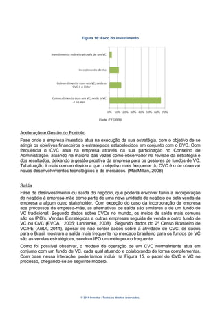 © 2014 Inventta – Todos os direitos reservados.
Figura 16: Foco do investimento
Fonte: EY (2009)
Aceleração e Gestão do Portfolio
Fase onde a empresa investida atua na execução da sua estratégia, com o objetivo de se
atingir os objetivos financeiros e estratégicos estabelecidos em conjunto com o CVC. Com
frequência o CVC atua na empresa através da sua participação no Conselho de
Administração, atuando na maioria das vezes como observador na revisão da estratégia e
dos resultados, deixando a gestão proativa da empresa para os gestores de fundos de VC.
Tal atuação é mais comum devido a que o objetivo mais frequente do CVC é o de observar
novos desenvolvimentos tecnológicos e de mercados. (MacMillan, 2008)
Saída
Fase de desinvestimento ou saída do negócio, que poderia envolver tanto a incorporação
do negócio à empresa-mãe como parte de uma nova unidade de negócio ou pela venda da
empresa a algum outro stakeholder. Com exceção do caso da incorporação da empresa
aos processos da empresa-mãe, as alternativas de saída são similares a de um fundo de
VC tradicional. Segundo dados sobre CVCs no mundo, os meios de saída mais comuns
são os IPO’s, Vendas Estratégicas a outras empresas seguida de venda a outro fundo de
VC ou CVC (EVCA, 2005; Lanhenke, 2008). Segundo dados do 2º Censo Brasileiro de
VC/PE (ABDI, 2011), apesar de não conter dados sobre a atividade de CVC, os dados
para o Brasil mostram a saída mais frequente no mercado brasileiro para os fundos de VC
são as vendas estratégicas, sendo o IPO um meio pouco frequente.
Como foi possível observar, o modelo de operação de um CVC normalmente atua em
conjunto com um fundo de VC, cada qual atuando e colaborando de forma complementar.
Com base nessa interação, poderíamos incluir na Figura 15, o papel do CVC e VC no
processo, chegando-se ao seguinte modelo.
 