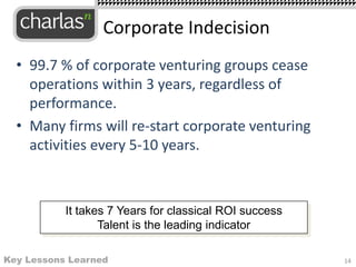 • 99.7 % of corporate venturing groups cease
operations within 3 years, regardless of
performance.
• Many firms will re-start corporate venturing
activities every 5-10 years.
14
Corporate Indecision
It takes 7 Years for classical ROI success
Talent is the leading indicator
Key Lessons Learned
 