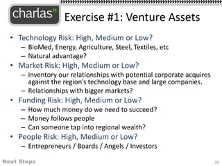 • Technology Risk: High, Medium or Low?
– BioMed, Energy, Agriculture, Steel, Textiles, etc
– Natural advantage?
• Market Risk: High, Medium or Low?
– Inventory our relationships with potential corporate acquires
against the region’s technology base and large companies.
– Relationships with bigger markets?
• Funding Risk: High, Medium or Low?
– How much money do we need to succeed?
– Money follows people
– Can someone tap into regional wealth?
• People Risk: High, Medium or Low?
– Entrepreneurs / Boards / Angels / Investors
Exercise #1: Venture Assets
Next Steps 20
 