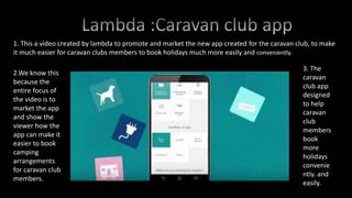 1. This a video created by lambda to promote and market the new app created for the caravan club, to make
it much easier for caravan clubs members to book holidays much more easily and conveniently.
2.We know this
because the
entire focus of
the video is to
market the app
and show the
viewer how the
app can make it
easier to book
camping
arrangements
for caravan club
members.
3. The
caravan
club app
designed
to help
caravan
club
members
book
more
holidays
convenie
ntly. and
easily.
 