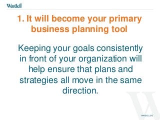1. It will become your primary 
business planning tool 
Keeping your goals consistently 
in front of your organization will 
help ensure that plans and 
strategies all move in the same 
direction. 
 
