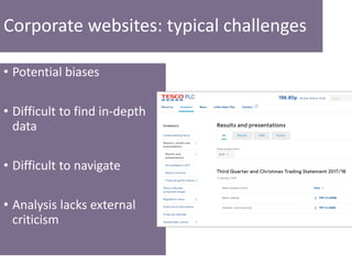 Corporate websites: typical challenges
• Potential biases
• Difficult to find in-depth
data
• Difficult to navigate
• Analysis lacks external
criticism
 