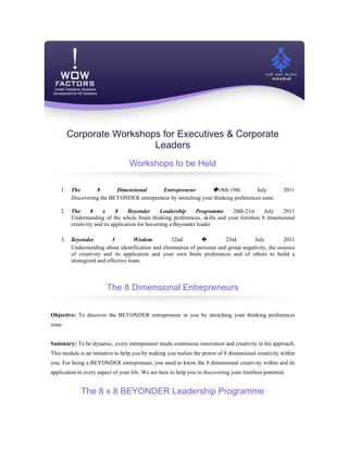 Corporate Workshops for Executives & Corporate
                           Leaders
                                   Workshops to be Held

    1.   The       8       Dimensional     Entrepreneur          �18th-19th         July                 2011
         Discovering the BEYONDER entrepreneur by stretching your thinking preferences zone.

    2.   The      8    x      8    Beyonder      Leadership    Programme     20th-21st     July   2011
         Understanding of the whole brain thinking preferences, skills and your limitless 8 dimensional
         creativity and its application for becoming a Beyonder leader

    3.   Beyonder           I        Wisdom         22nd         �         23rd        July          2011
         Understanding about identification and elimination of personal and group negativity, the essence
         of creativity and its application and your own brain preferences and of others to build a
         strategized and effective team.



                         The 8 Dimensional Entrepreneurs


Objective: To discover the BEYONDER entrepreneur in you by stretching your thinking preferences
zone.


Summary: To be dynamic, every entrepreneur needs continuous innovation and creativity in his approach.
This module is an initiative to help you by making you realize the power of 8 dimensional creativity within
you. For being a BEYONDER entrepreneur, you need to know the 8 dimensional creativity within and its
application in every aspect of your life. We are here to help you in discovering your limitless potential.


             The 8 x 8 BEYONDER Leadership Programme
 
