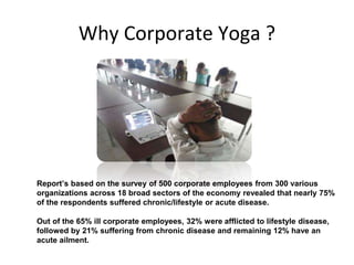 Why Corporate Yoga ?
Report’s based on the survey of 500 corporate employees from 300 various
organizations across 18 broad sectors of the economy revealed that nearly 75%
of the respondents suffered chronic/lifestyle or acute disease.
Out of the 65% ill corporate employees, 32% were afflicted to lifestyle disease,
followed by 21% suffering from chronic disease and remaining 12% have an
acute ailment.
 