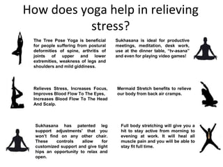 How does yoga help in relieving
stress?
The Tree Pose Yoga is beneficial
for people suffering from postural
deformities of spine, arthritis of
joints of upper and lower
extremities, weakness of legs and
shoulders and mild giddiness.
Relieves Stress, Increases Focus,
Improves Blood Flow To The Eyes,
Increases Blood Flow To The Head
And Scalp.
Sukhasana has patented leg
support adjustments' that you
won’t find on any other chair.
These controls allow for
customized support and give tight
hips an opportunity to relax and
open.
Sukhasana is ideal for productive
meetings, meditation, desk work,
use at the dinner table, “tv-asana”
and even for playing video games!
Mermaid Stretch benefits to relieve
our body from back air cramps.
Full body stretching will give you a
hit to stay active from morning to
evening at work. It will heal all
muscle pain and you will be able to
stay fit full time.
 