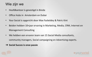 Wie zijn we
• Hoofdkantoor is gevestigd in Breda

• Office Hubs in Amsterdam en Dubai

• Your Social is opgericht door Max...