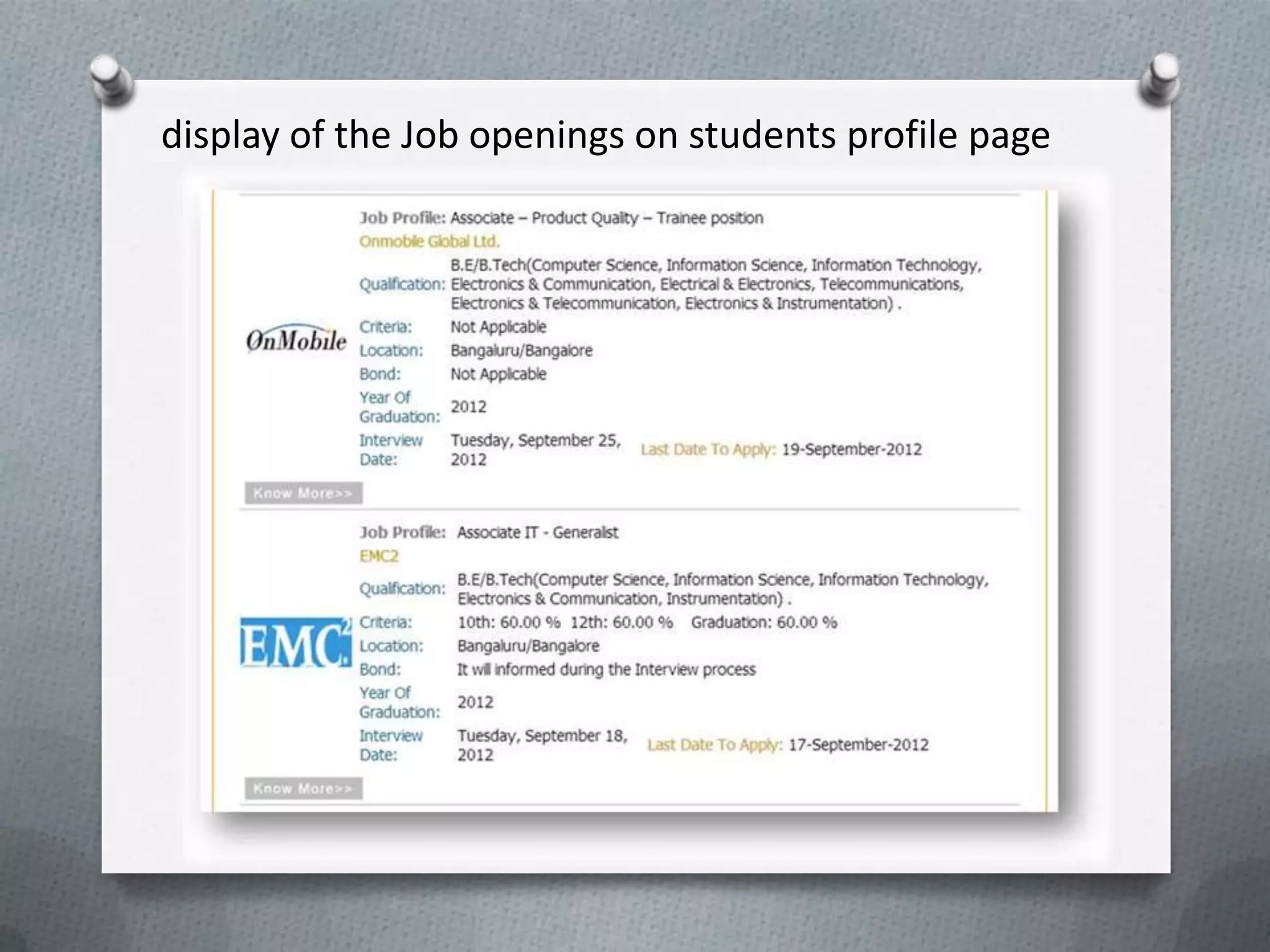 display of the Job openings on students profile page
 