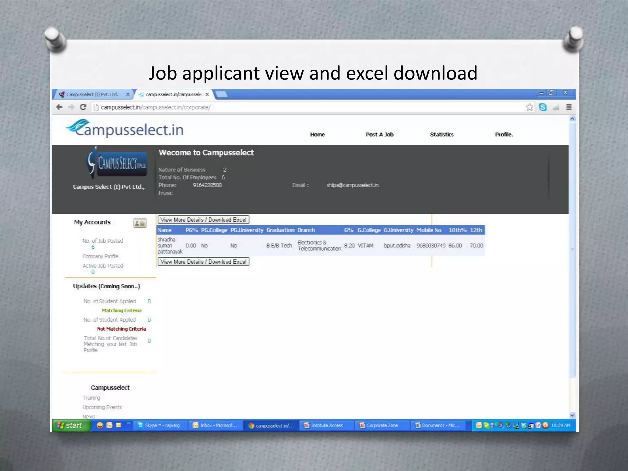 Job applicant view and excel download
 