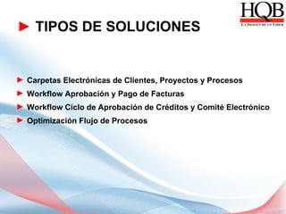 ► TIPOS DE SOLUCIONES


► Carpetas Electrónicas de Clientes, Proyectos y Procesos
► Workflow Aprobación y Pago de Facturas
► Workflow Ciclo de Aprobación de Créditos y Comité Electrónico
► Optimización Flujo de Procesos
 