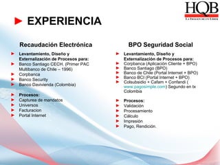 ► EXPERIENCIA

    Recaudación Electrónica                 BPO Seguridad Social
► Levantamiento, Diseño y             ► Levantamiento, Diseño y
  Externalización de Procesos para:     Externalización de Procesos para:
► Banco Santiago CECH. (Primer PAC    ► Corpbanca (Aplicación Cliente + BPO)
  Multibanco de Chile – 1996)         ► Banco Santiago (BPO)
► Corpbanca                           ► Banco de Chile (Portal Internet + BPO)
► Banco Security                      ► Banco BCI (Portal Internet + BPO)
                                      ► Colsubsidio + Cafam + Confandi (
► Banco Davivienda (Colombia)
                                        www.pagosimple.com) Segundo en tx
                                        Colombia
►   Procesos:
►   Capturea de mandatos              ►   Procesos:
►   Universos                         ►   Validación
►   Facturacion                       ►   Procesamiento
►   Portal Internet                   ►   Cálculo
                                      ►   Impresión
                                      ►   Pago, Rendición.
 