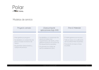Modelos de servicio


           Proyecto cerrado                    Outsourcing de                         Time & Materials
                                           aplicaciones bajo ANS


     - Polar gestiona el proyecto.      - Se establece un compromiso de        - El cliente gestiona los recursos.
                                          servicio en base a los
     - Se establece un compromiso de                                           - Tarifa en base a la cualificación
                                          requerimientos del cliente y Polar
       precio en base al alcance del                                             de los profesionales requeridos.
                                          gestiona el servicio en función de
       mismo.                                                                  - Facturación en base a horas
                                          los requerimientos pactados.
     - Se garantizan plazos fijados y                                            incurridas.
                                        - Se garantiza los niveles de
       calidad del producto.
                                          servicio establecido (SLA).




PRESENTACIÓN CORPORATIVA                       Madrid, 20 de julio de 2009                                           Pag. 5
 