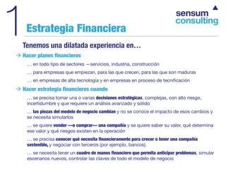 1Estrategia Financiera
Tenemos una dilatada experiencia en…
à Hacer planes financieros
… en todo tipo de sectores —servici...