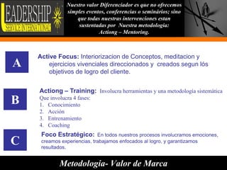 Nuestro valor Diferenciador es que no ofrecemos
               simples eventos, conferencias o seminários; sino
                   que todas nuestras intervenciones estan
                   sustentadas por Nuestra metodologia:
                            Actiong – Mentoring.



    Active Focus: Interiorizacion de Conceptos, meditacion y
A       ejercicios vivenciales direccionados y creados segun lós
        objetivos de logro del cliente.


    Actiong – Training: Involucra herramientas y una metodología sistemática
B   Que involucra 4 fases:
    1. Conocimiento
    2. Acción
    3. Entrenamiento
    4. Coaching
     Foco Estratégico:       En todos nuestros procesos involucramos emociones,
C    creamos experiencias, trabajamos enfocados al logro, y garantizamos
     resultados.


            Metodología- Valor de Marca                                           9
 
