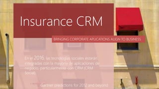 Insurance CRM
BRINGING CORPORATE APLICATIONS ALIGN TO BUSINESS
En el 2016, las tecnologías sociales estarán
integradas con la mayoría de aplicaciones de
negocio, particularmente con CRM (CRM
Social).
Gartner predictions for 2012 and beyond
 