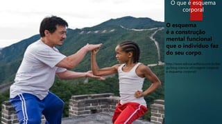 O que é esquema
corporal
O esquema
é a construção
mental funcional
que o indivíduo faz
do seu corpo.
http://www.educacaofisica.com.br/blo
gs/blog-ciencia-ef/imagem-corporal-
e-esquema-corporal/
 