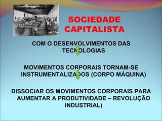 SOCIEDADE
CAPITALISTA
COM O DESENVOLVIMENTOS DAS
TECNOLOGIAS
MOVIMENTOS CORPORAIS TORNAM-SE
INSTRUMENTALIZADOS (CORPO MÁQUINA)
DISSOCIAR OS MOVIMENTOS CORPORAIS PARA
AUMENTAR A PRODUTIVIDADE – REVOLUÇÃO
INDUSTRIAL)
 