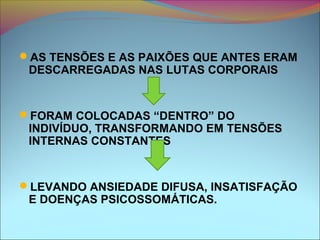 AS TENSÕES E AS PAIXÕES QUE ANTES ERAM
DESCARREGADAS NAS LUTAS CORPORAIS
FORAM COLOCADAS “DENTRO” DO
INDIVÍDUO, TRANSFORMANDO EM TENSÕES
INTERNAS CONSTANTES
LEVANDO ANSIEDADE DIFUSA, INSATISFAÇÃO
E DOENÇAS PSICOSSOMÁTICAS.
 
