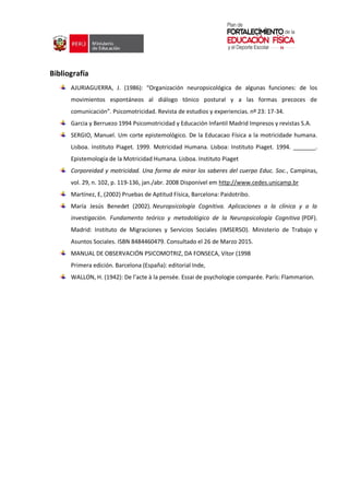 Bibliografía
AJURIAGUERRA, J. (1986): “Organización neuropsicológica de algunas funciones: de los
movimientos espontáneos al diálogo tónico postural y a las formas precoces de
comunicación”. Psicomotricidad. Revista de estudios y experiencias. nº 23: 17-34.
Garcia y Berruezo 1994 Psicomotricidad y Educación Infantil Madrid Impresos y revistas S.A.
SERGIO, Manuel. Um corte epistemológico. De la Educacao Física a la motricidade humana.
Lisboa. Instituto Piaget. 1999. Motricidad Humana. Lisboa: Instituto Piaget. 1994. _______.
Epistemología de la Motricidad Humana. Lisboa. Instituto Piaget
Corporeidad y motricidad. Una forma de mirar los saberes del cuerpo Educ. Soc., Campinas,
vol. 29, n. 102, p. 119-136, jan./abr. 2008 Disponível em http://www.cedes.unicamp.br
Martínez, E, (2002) Pruebas de Aptitud Física, Barcelona: Paidotribo.
María Jesús Benedet (2002). Neuropsicología Cognitiva. Aplicaciones a la clínica y a la
investigación. Fundamento teórico y metodológico de la Neuropsicología Cognitiva (PDF).
Madrid: Instituto de Migraciones y Servicios Sociales (IMSERSO). Ministerio de Trabajo y
Asuntos Sociales. ISBN 8484460479. Consultado el 26 de Marzo 2015.
MANUAL DE OBSERVACIÓN PSICOMOTRIZ, DA FONSECA, Vítor (1998
Primera edición. Barcelona (España): editorial Inde,
WALLON, H. (1942): De l’acte à la pensée. Essai de psychologie comparée. París: Flammarion.
 