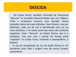 DESCIDA
Do Corpo Astral, também chamado de Emocional
“descem” as emoções descontroladas que nos afligem.
Todo o arcabouço humano está apoiado nessas
emoções típicas de cada indivíduo. Sem rótulos, mas por
definição, cada um de nós é identificado com um ou
mais atributos. E na maior parte das vezes são atributos
negativos. Estes “descem” ao Duplo Etérico que é o
anteparo, mas que com o passar do tempo pode
“explodir” no Corpo Físico, trazendo o desequilíbrio, a
doença.
O uso da visualização de cor do Duplo Etérico é um
excelente sinal. Mas a origem vem de outros Corpos,
certamente.

 