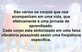São vários os corpos que nos
      acompanham em uma vida, que
      efetivamente é uma jornada de
               aprendizado.
 Cada corpo esta sintonizado em uma faixa
vibratória possuindo assim uma freqüência
                específica.
 