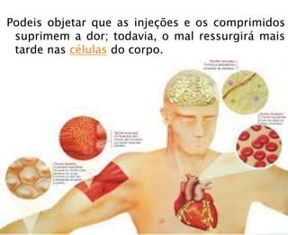 Podeis objetar que as injeções e os comprimidos
suprimem a dor; todavia, o mal ressurgirá mais
tarde nas células do corpo.
 