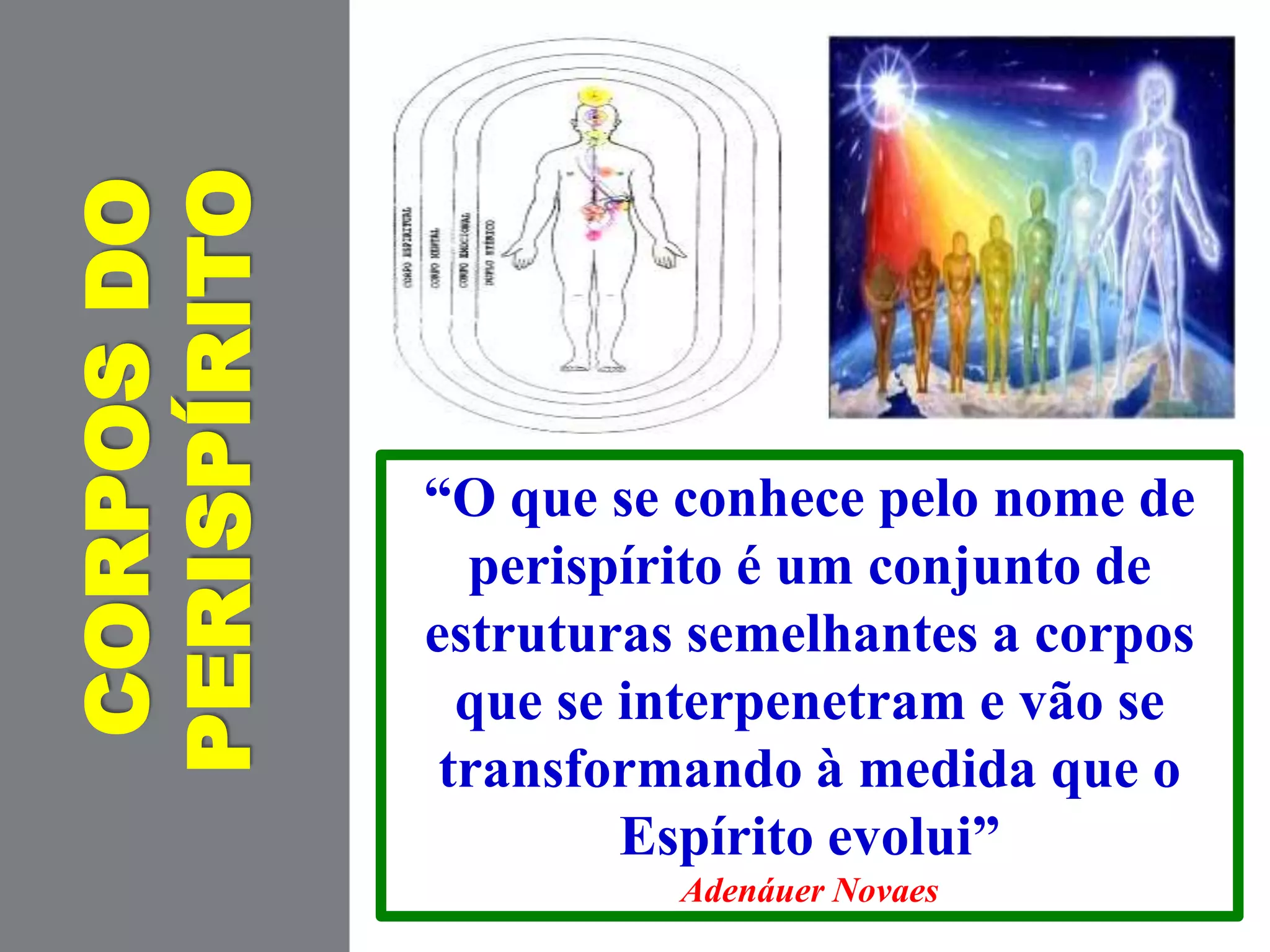 CORPOSDO
PERISPÍRITO
“O que se conhece pelo nome de
perispírito é um conjunto de
estruturas semelhantes a corpos
que se interpenetram e vão se
transformando à medida que o
Espírito evolui”
Adenáuer Novaes
 