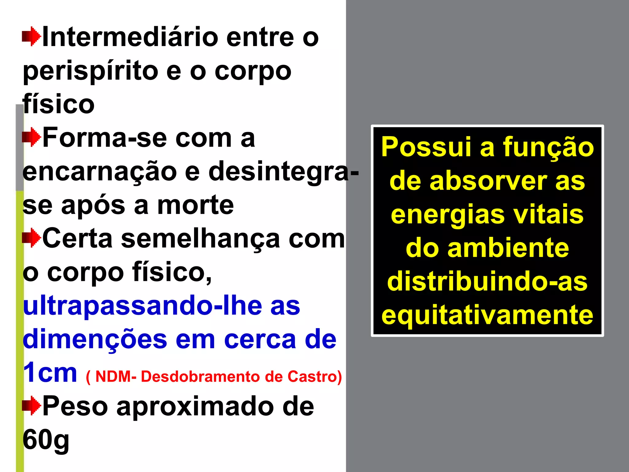 Intermediário entre o
perispírito e o corpo
físico
Forma-se com a
encarnação e desintegra-
se após a morte
Certa semelhança com
o corpo físico,
ultrapassando-lhe as
dimenções em cerca de
1cm ( NDM- Desdobramento de Castro)
Peso aproximado de
60g
Possui a função
de absorver as
energias vitais
do ambiente
distribuindo-as
equitativamente
 