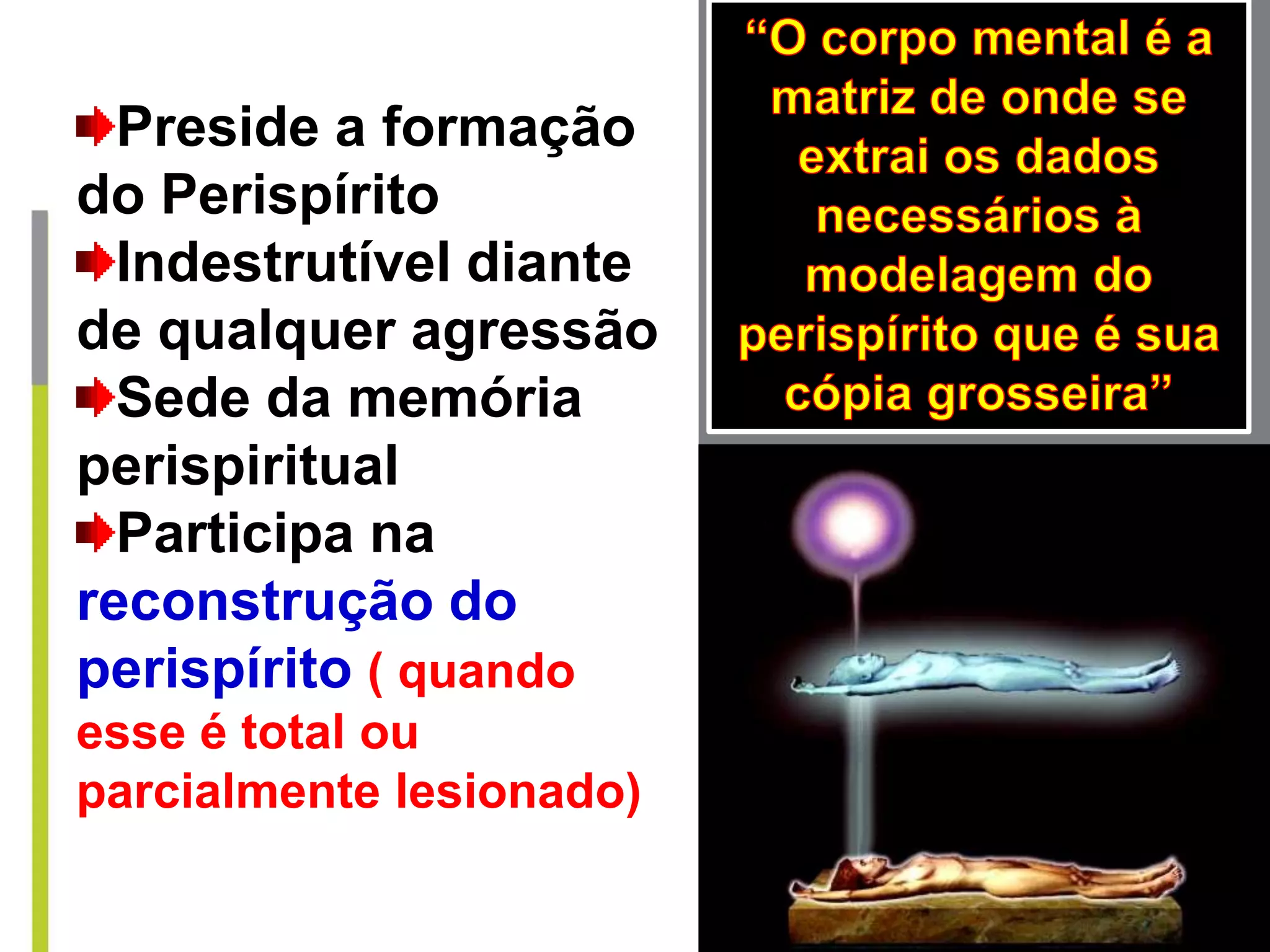 Preside a formação
do Perispírito
Indestrutível diante
de qualquer agressão
Sede da memória
perispiritual
Participa na
reconstrução do
perispírito ( quando
esse é total ou
parcialmente lesionado)
 
