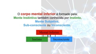 O corpo mental inferior é formado pela:
Mente Instintiva também conhecida por Instinto,
               Mente Subjetiva,
      Sub-consciente ou Inconsciente.

                 Mental Inferior

            Instinto       Inconsciente
 
