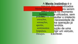 A Mente Instintiva é o
     arquivo dos aprendizados
Mental Inferiora vida, para serem
    por toda
     consultados no momento
   Instinto
   necessário e utilizados, sem
paixões,
   precisar consultar o intelecto
 emoções,
    mediante a necessidade de
 sensações, uma operação já
      realizar
apetite,      aprendida.
 sentimentos
        Ex: Execução de uma
Impulsos,
    música, Dirigir um veículo,
Desejos.       Escrever.
 