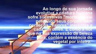 Ao longo de sua jornada 
    evolutiva a criatura humana 
sofre sucessivas "mortes" e vai 
    perdendo seus corpos, sem 
 perder os "valores" inerentes a 
   cada um deles. É como a flor 
que na sua expressão de beleza 
    pura, contém a essência do 
             vegetal por inteiro. 
 