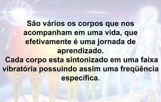 São vários os corpos que nos
acompanham em uma vida, que
efetivamente é uma jornada de
aprendizado.
Cada corpo esta sintonizado em uma faixa
vibratória possuindo assim uma freqüência
específica.
 
