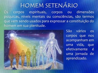 Os corpos espirituais, corpos ou dimensões
psíquicas, níveis mentais ou consciências, são termos
que vem sendo usados para expressar a constituição do
homem em sua plenitude.
São vários os
corpos que nos
acompanham em
uma vida, que
efetivamente é
uma jornada de
aprendizado.

 