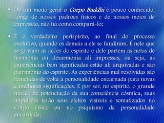  De um modo geral o Corpo Buddhi é pouco conhecido.
Longe de nossos padrões físicos e de nossos meios de
expressão, não há como compará-lo;
 É o verdadeiro perispírito, ao final do processo
evolutivo, quando os demais a ele se fundiram. É nele que
se gravam as ações do espírito e dele partem as notas de
harmonia ou desarmonia ali impressas, ou seja, as
experiências bem significadas estão ali arquivadas e são
patrimônio do espírito. As experiências mal resolvidas são
remetidas de volta à personalidade encarnada para novas
e melhores significações. E por ser, no espírito, o grande
núcleo de potenciação da sua consciência cósmica, suas
impulsões terão seus efeitos visíveis e somatizados no
Corpo Físico ou no psiquismo da personalidade
encarnada;

 