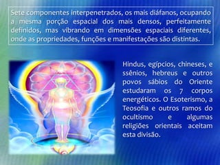 Sete componentes interpenetrados, os mais diáfanos, ocupando
a mesma porção espacial dos mais densos, perfeitamente
definidos, mas vibrando em dimensões espaciais diferentes,
onde as propriedades, funções e manifestações são distintas.

Hindus, egípcios, chineses, e
ssênios, hebreus e outros
povos sábios do Oriente
estudaram os 7 corpos
energéticos. O Esoterismo, a
Teosofia e outros ramos do
ocultismo
e
algumas
religiões orientais aceitam
esta divisão.

 